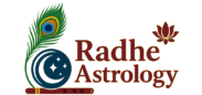 RadheAstrology logo with a peacock feather and Krishna’s flute, symbolizing divine guidance. Includes brand name in maroon serif font and tagline ‘Divine Guidance